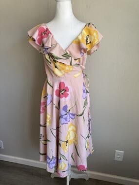 ASOS Pink Floral Midi Wrap Dress Womens 6 Coquette Girly Ruffles Romantic Barbie